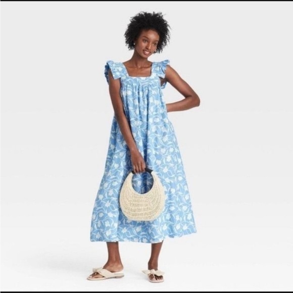 a new day Dresses & Skirts - A New Day Floral Ruffle Sleeve Linen Midi Dress with Pockets | Baby Blue | XS